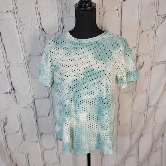 WHITE Turquoise Marble Dye Eyelet See Through Casual Short Sleeve Light Top L - Picture 1 of 6